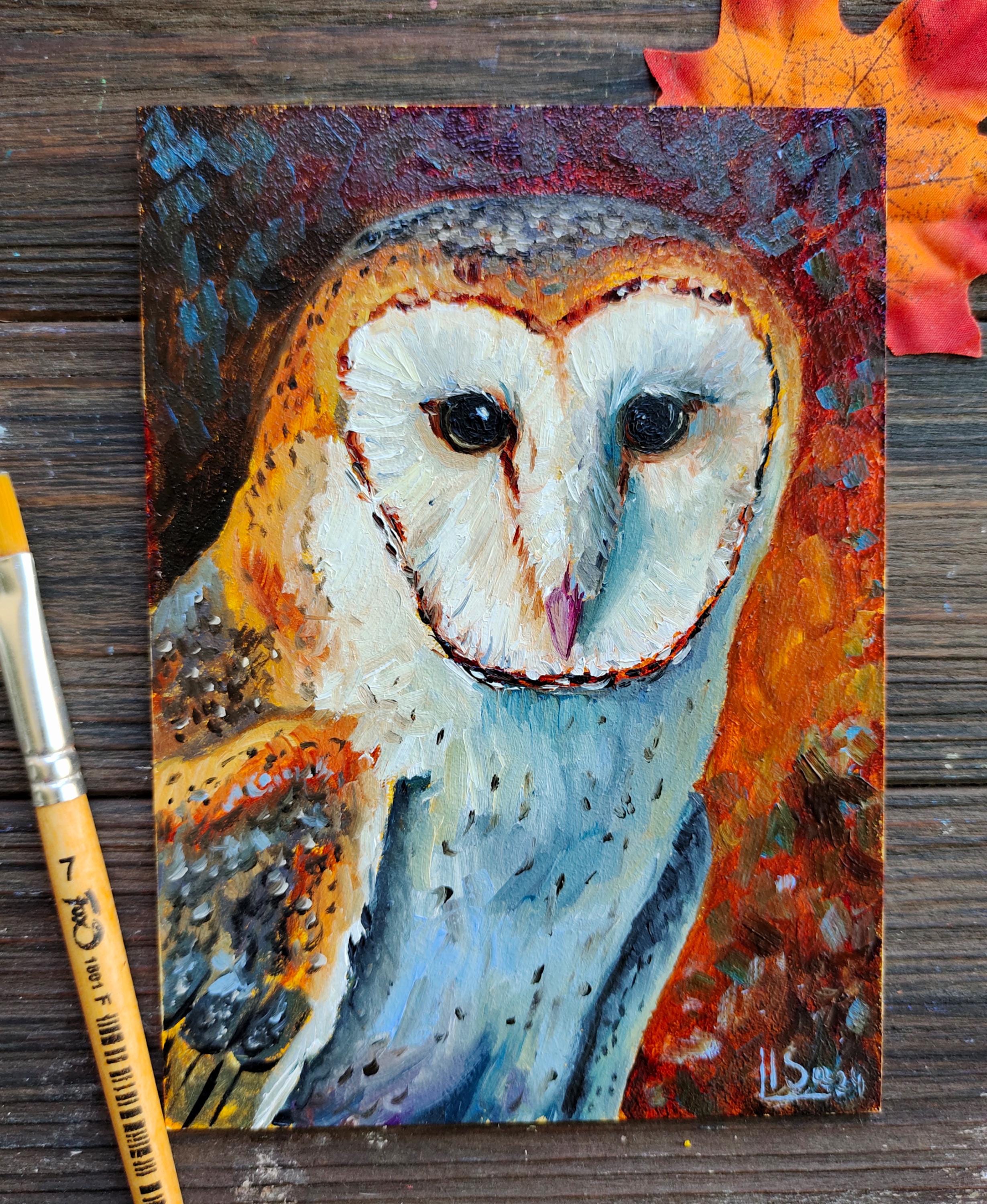 Barn Owl Original Oil Painting: Miniature Autumn Decor Art (7x5)