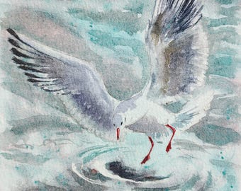 Seagull Watercolor Painting: Miniature Ocean Wall Art, 7x5