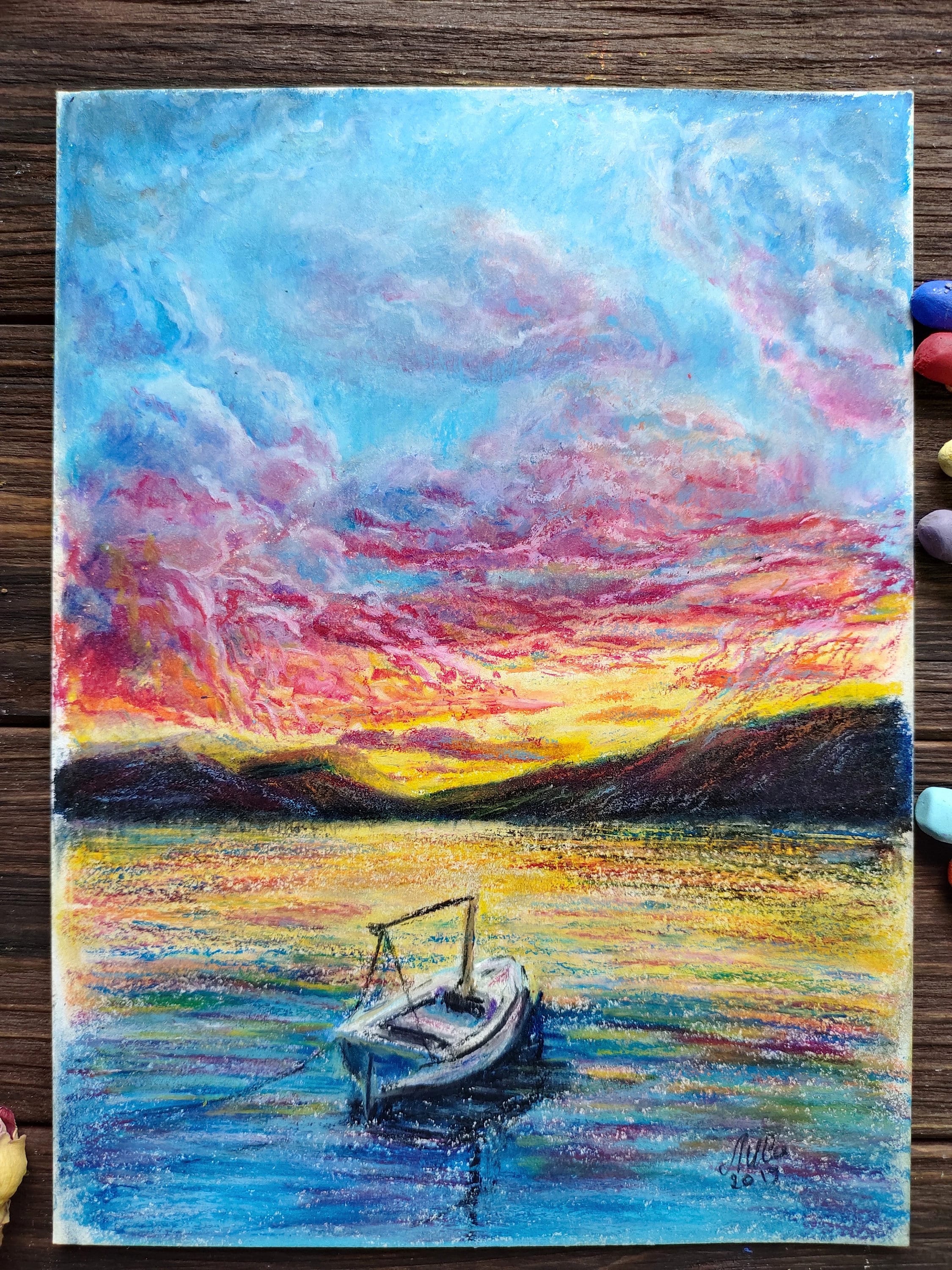 Sunset Over Lake Oil Pastel Painting Original Art Boat