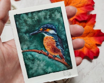 Kingfisher Bird Original Watercolor Painting: Original ACEO Miniature Art