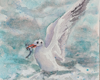 Seagulls Watercolor Original Painting Ocean Miniature Wall art Sea Bird Decor 7 by 5