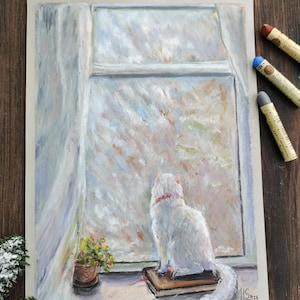 White Cat Original Oil Pastel Painting: Animal Art on Window (12x8)