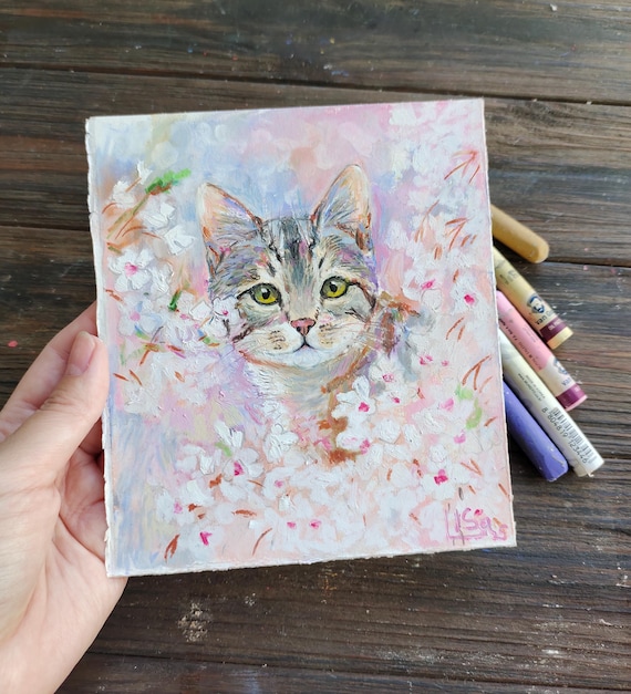 オリジナルオイルパステル画：猫の壁アート（5.5インチ×6.5インチ