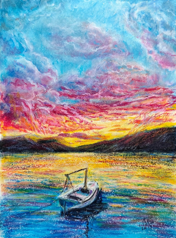 Puesta de sol sobre el lago Pintura al óleo pastel Arte original Pintura de  barcos Paisaje colorido Lake House Decor Wall Art -  México