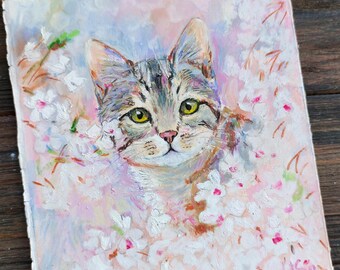 オリジナルオイルパステル画：猫の壁アート（5.5インチ×6.5インチ