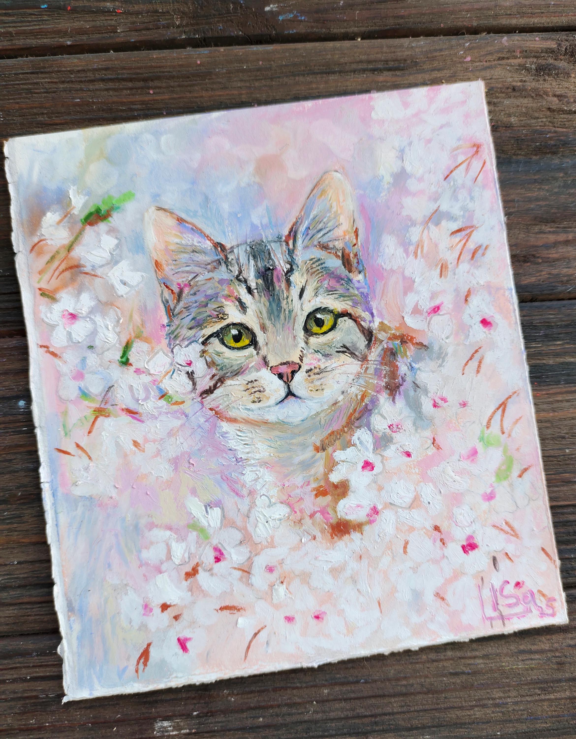 ねこのオイルパステル画 オリジナルオイルパステル画：猫の壁アート（5.5インチ×6.5インチ