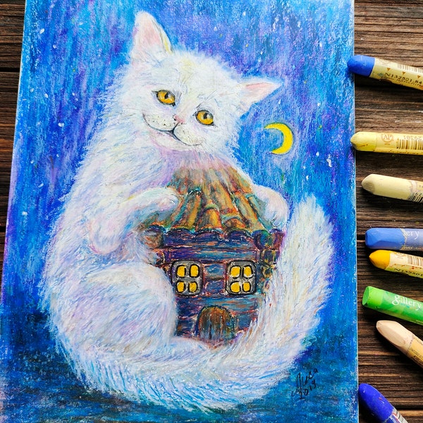 Chat Peinture originale Fantasy Art Décor Chambre d’enfants Art mural Chat blanc Peinture pastel à l’huile 9 » par 7 » par ArtStudiaLisa