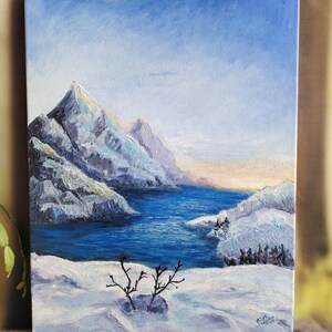 Peinture à l'huile originale de lac de montagne d'hiver : art du paysage (12 x 16)