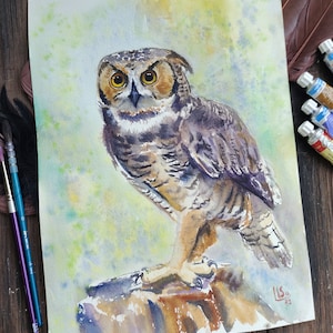 Owl Painting Bird Original Art Owl Watercolor Painting Animal Artwork Deco Gift Owls lovers Wall Art 9" by 12" by ArtStudiaLisa