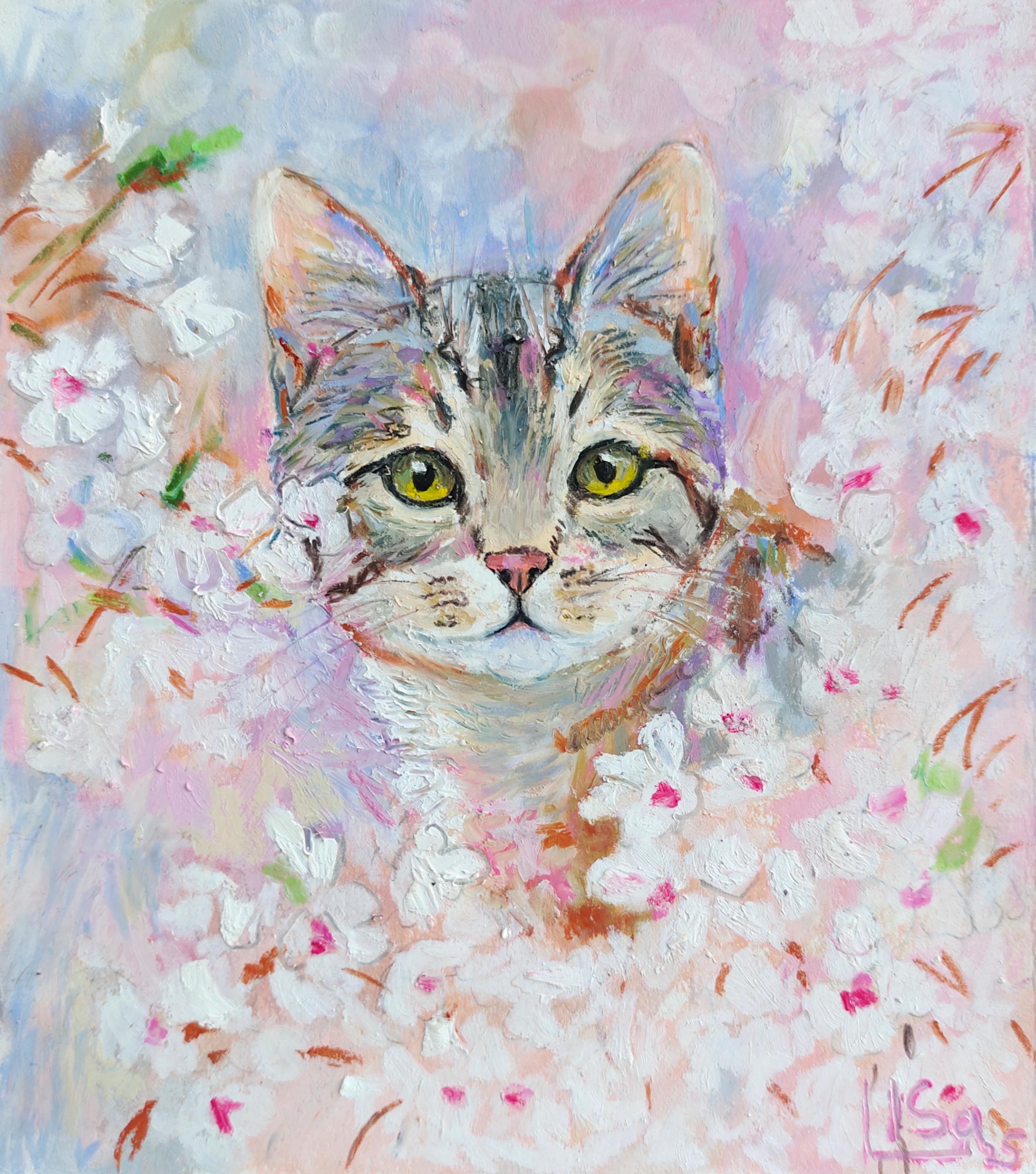 ねこのオイルパステル画 オリジナルオイルパステル画：猫の壁アート（5.5インチ×6.5インチ
