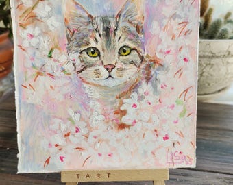 オリジナルオイルパステル画：猫の壁アート（5.5インチ×6.5インチ