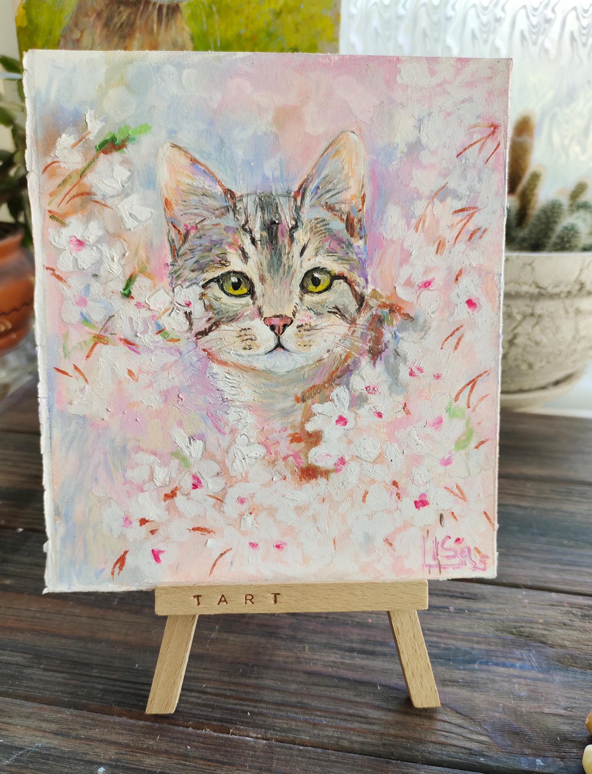 オリジナルオイルパステル画：猫の壁アート（5.5インチ×6.5インチ