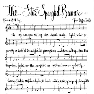 Puede incluir: Partitura musical manuscrita de "The Star-Spangled Banner" con letra y notación musical. El título y los nombres de los compositores están en la parte superior. La letra está escrita debajo del pentagrama.