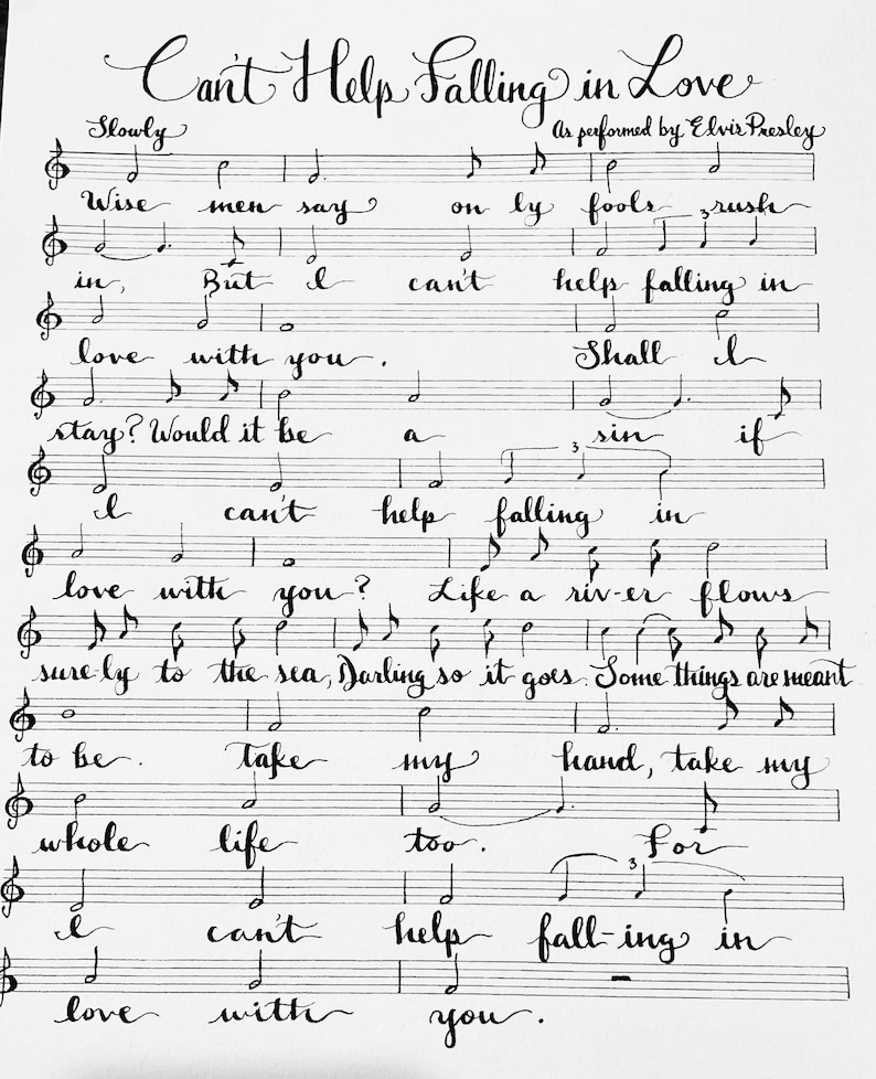 Cant Help Falling in Love Handwritten Sheet Music Etsy