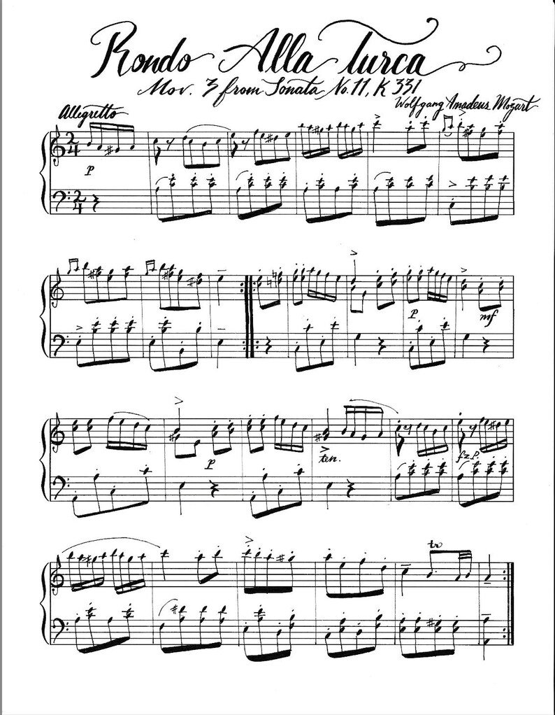 Rondo Alla Turca - Handwritten Sheet Music - Etsy