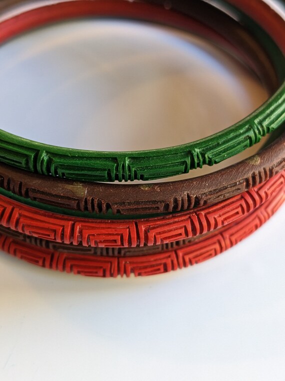 Vintage Cinnabar Chinese Carved Lacquer Bracelets… - image 4