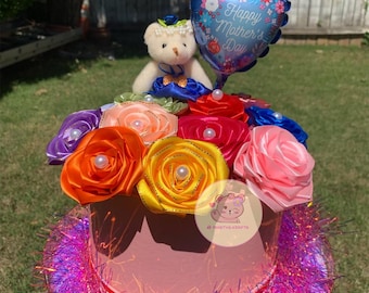Handmade Ribbon Rose Flower Box, Teddy Bear Gift