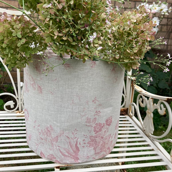 CHOUX ET ROSES Constance Rose sur Panier de Rangement en Lin Naturel Sur Commande 30cm x 30cm