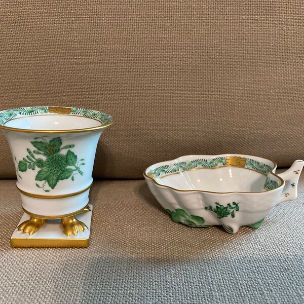 Herend Hungary hand painted porcelain two piece set in Chinese Bouquet Apponyi green