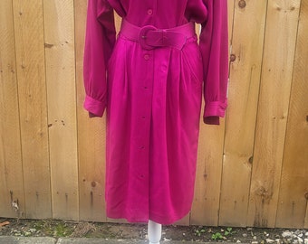 Fuschia Belted Midi Long Sleeve 80s Vintage Dress