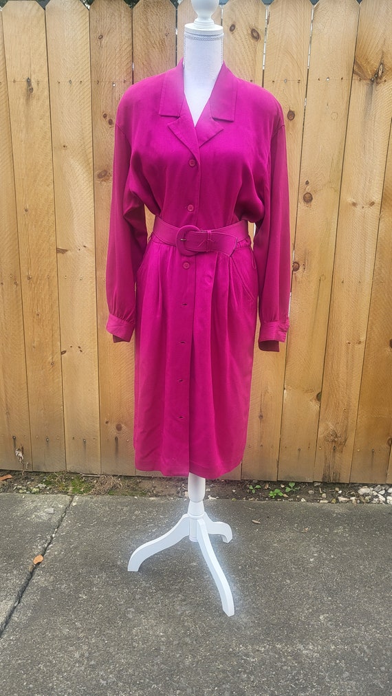 Fuschia Belted Midi Long Sleeve 80s Vintage Dress