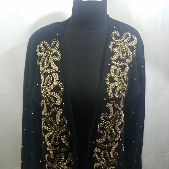 Vinatge Black and Gold Sequin Lambswool Cardigan - image 2