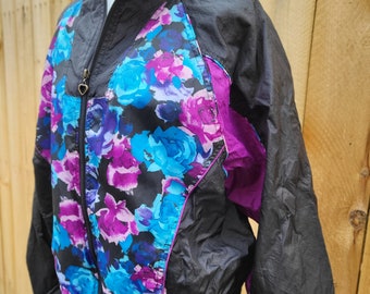 Basic Editions (L) Black and Floral Windbreaker Lined Jacket with Pockets