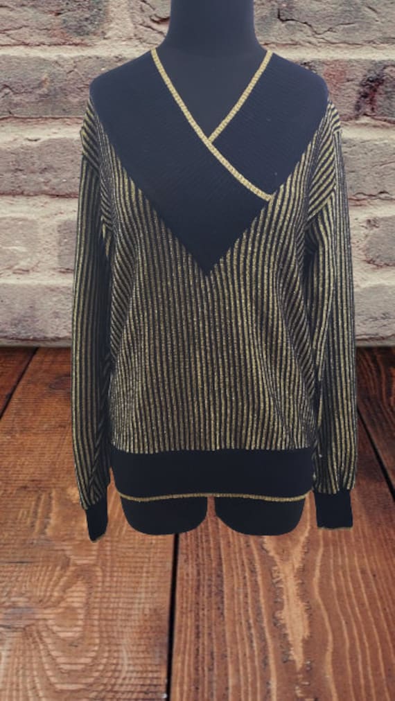 Vintage Gold Shimmer and Black Striped V Neck Swea