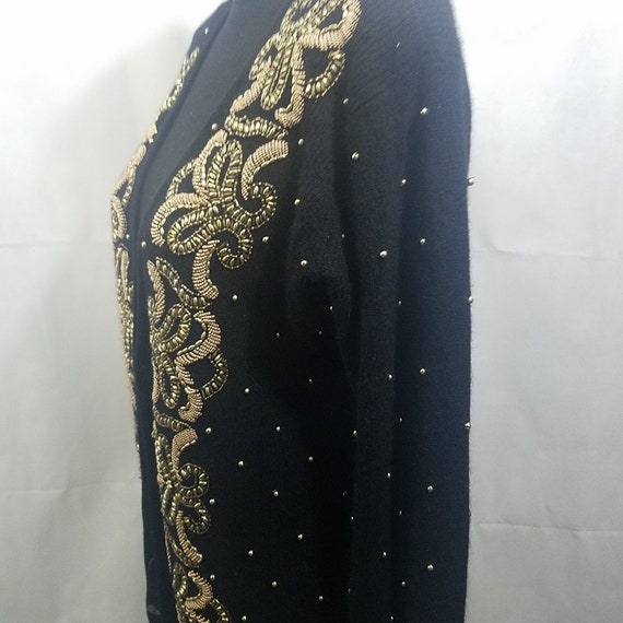 Vinatge Black and Gold Sequin Lambswool Cardigan - image 3