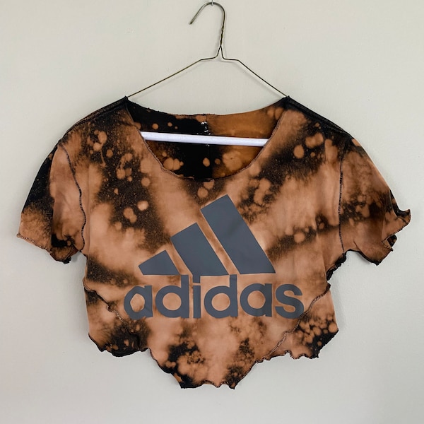 Small Black & Brown Bleach-Dyed Exposed Stitch Adidas Crop Top