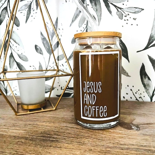 Jesus and Coffee Iced Glass Tumbler, Iced Coffee Glass, Christian Glass Cup, Christian Gift, Beer Can Glass, Glass Tumbler, Rae Dunn Inspo