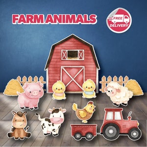 May include: Watercolor illustrations of farm animals, including a pig, sheep, cow, horse, chicken, and tractor with a trailer. A red barn and hay bales are also featured. The words "FARM ANIMALS" are displayed in red.
