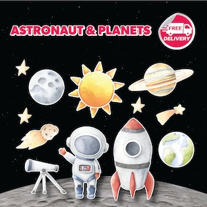 Astronaut Cutouts Outerspace watercolor centerpieces, astro Space themed Party Decor, planets, table toppers baby shower birthday decor