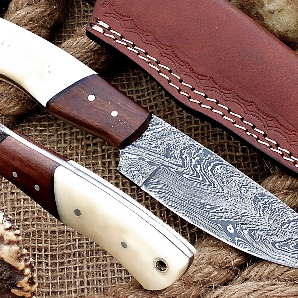 Damascus Knife Handmade Damascus Steel Hunting Knife Hunting Skinning Camping Knife With Camel Bone Handle  # RF 104