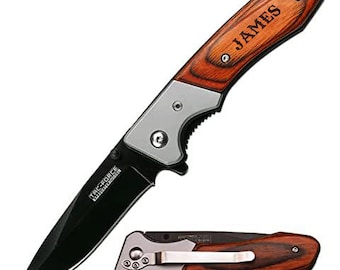 Engraved Wood Handle Pocket Knife, Anniversary Gift For Husband