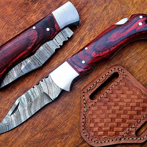 Handmade Pocket Knife for Man Women, Damascus Steel Folding Knife with Leather Sheath, Gift for Hubby, Groomsmen, Anniversaries, Father Day.