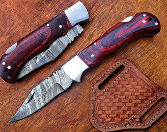 Handmade Pocket Knife for Man Women, Damascus Steel Folding Knife with Leather Sheath, Gift for Hubby, Groomsmen, Anniversaries, Father Day.