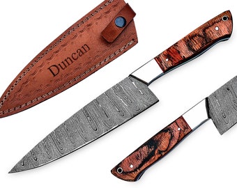 Personalized Damascus Chef Knife: Exotic Wood Handle, Twist Pattern