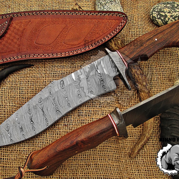 Damascus Bushcraft Knife Damascus Hunting Knife Handmade Damascus Steel Bowie Knife Skinning Camping Knife With Walnut Wood Handle UHD 13