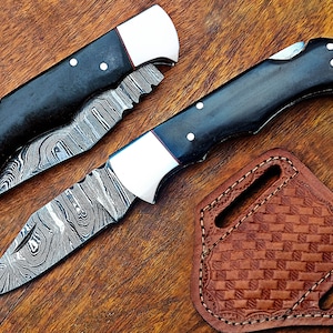 Handmade Pocket Knife for Man Women, Damascus Steel Folding Knife with Leather Sheath, Gift for Hubby, Groomsmen, Anniversaries, Father Day.