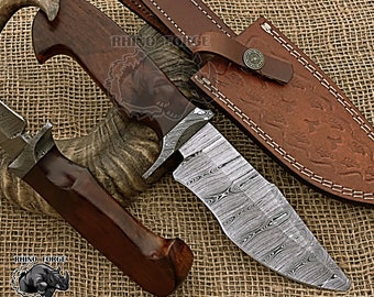 Handmade Damascus Steel Bowie Knife: Rose Wood Handle Hunting Skinning Knife