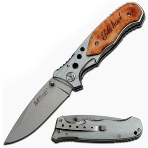 Personalized Pocket Knife: Engraved Stainless Steel Blade, Wood Handle