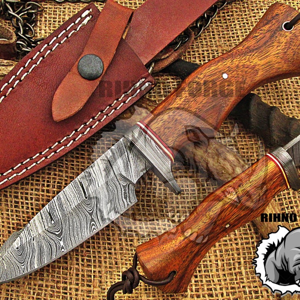Damascus Hunting Knife , Damascus Knife Fixed Blade Knife Viking Knife Gift For Anniversary EDC 10" Overall Rose Wood  With Sheath UHD 51