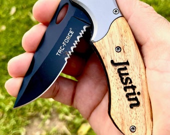 Personalized Pocket Knife: Engraved Wood Handle, Stainless Steel Blade