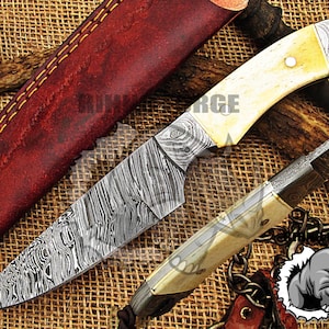 Coltello da caccia fatto a mano in acciaio di Damasco con fodero in pelle, coltello da campeggio in Damasco, regalo per Natale, festa del papà, anniversario,