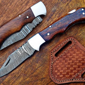 Handmade Pocket Knife for Man Women, Damascus Steel Folding Knife with Leather Sheath, Gift for Hubby, Groomsmen, Anniversaries, Father Day.
