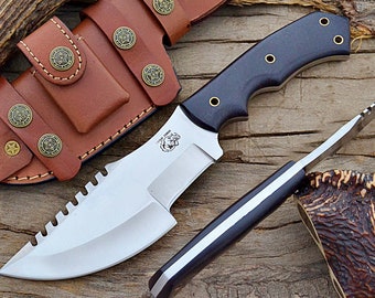 Handmade D2 Steel Hunting Knife: MICARTA Handle, Leather Sheath