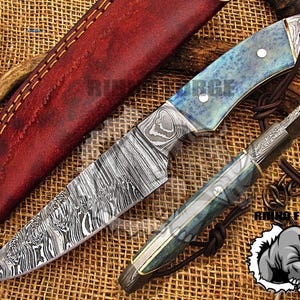Coltello da caccia in acciaio di Damasco con fodero in pelle, coltello fatto a mano in Damasco per scuoiatori, campeggio, regalo per fidanzato, Natale, anniversario,