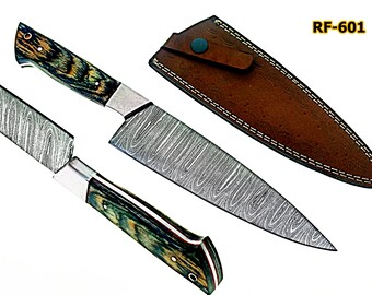 12" Damascus Chef Knife Handmade Damascus Knife Chef Knife Kitchen Knife Camping Knife Exotic Wood Handle With Leather Sheath RF-601