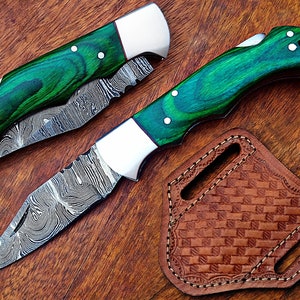Handmade Pocket Knife for Man Women, Damascus Steel Folding Knife with Leather Sheath, Gift for Hubby, Groomsmen, Anniversaries, Father Day.